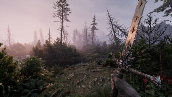 Fatekeeper forest area with first-person weapon from official Steam media